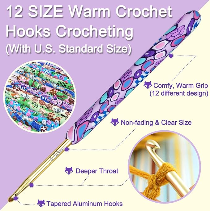 Coopay Complete Crochet Hooks Set for Beginners, 2.25mm-8mm Crochet Hook, Ergonomic Crochet Hooks for Arthritic Hands, Cute Animal Print Comfort Grip, Crochet Needles for Blankets Dolls, Crochet Gifts