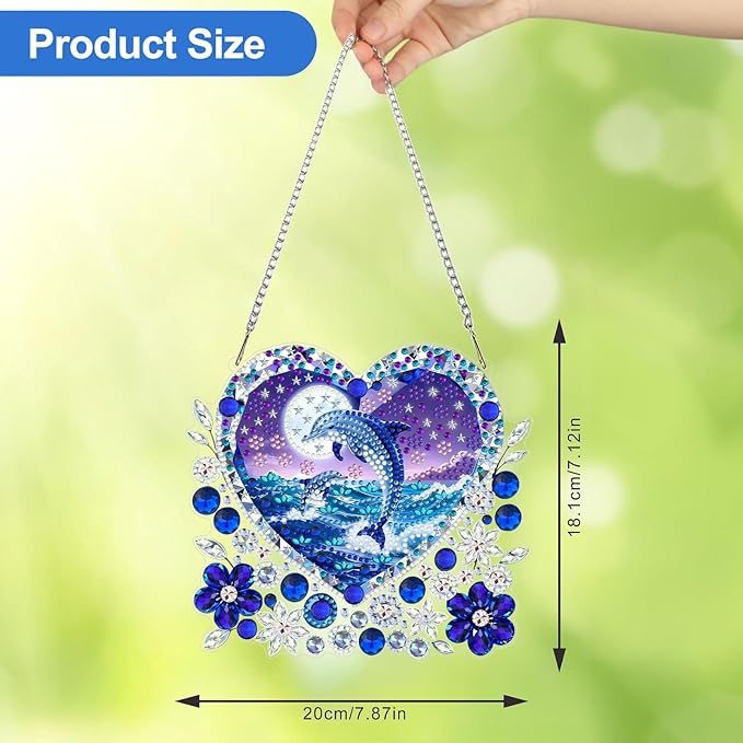 CEOVR Dolphin Hanging Diamond Art for Adults, Ocean Dolphin Love Diamond Painting Pendant DIY Gem Art Wall Ornament, Acrylic Home Garden Decor with Chain, Box Kit 7.87×7.12inch