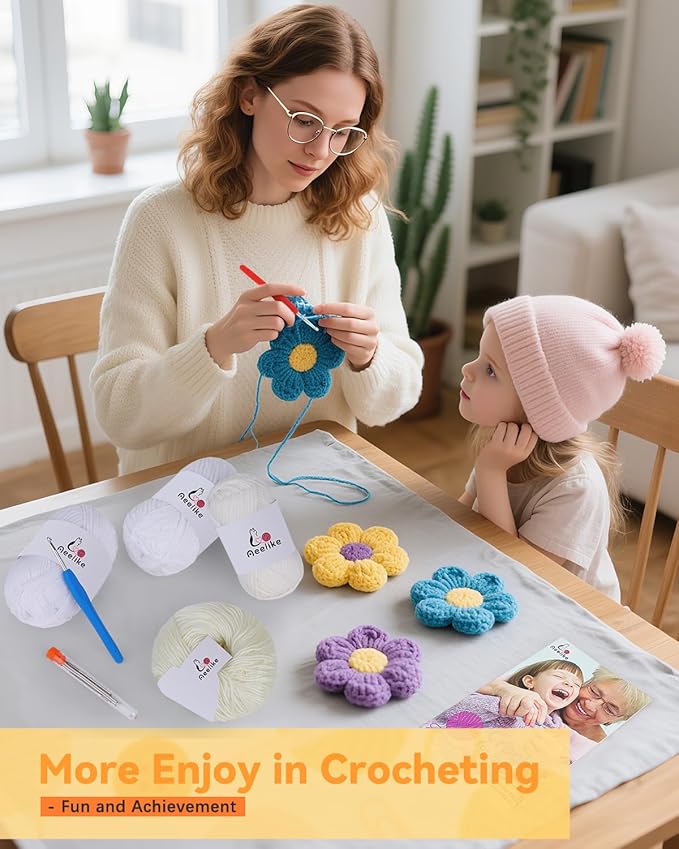 Aeelike Beginner Crochet Yarn Kit w 4 Different Materials White Yarns (Polyester, Cotton, Acrylic, Milk Cotton,) & 2 Ergonomic Hooks (G&7), Ideal Starter Crochet Set for Beginners