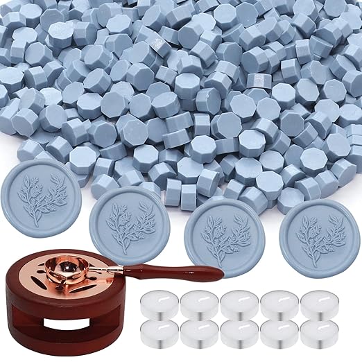 Wax Seal Beads Kit - 300pcs Dusty Blue Sealing Wax Beads with Wood Melting Warmer, Spoon & 10 Mini Candles for Stamp Seals, Wedding Invitation, Envelope, Cards, Gift Wrapping Decorations
