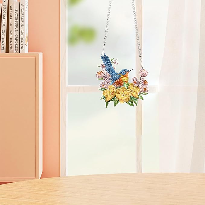DIY 5D Bird Flower Diamond Art Painting Kits Hanging Sign Wall Art Sign Special Shaped Diamond Art Window Hanging Ornament Pendants Home Garden Wall Door Hanging Diamond Art Kits Valentine's Day Gift