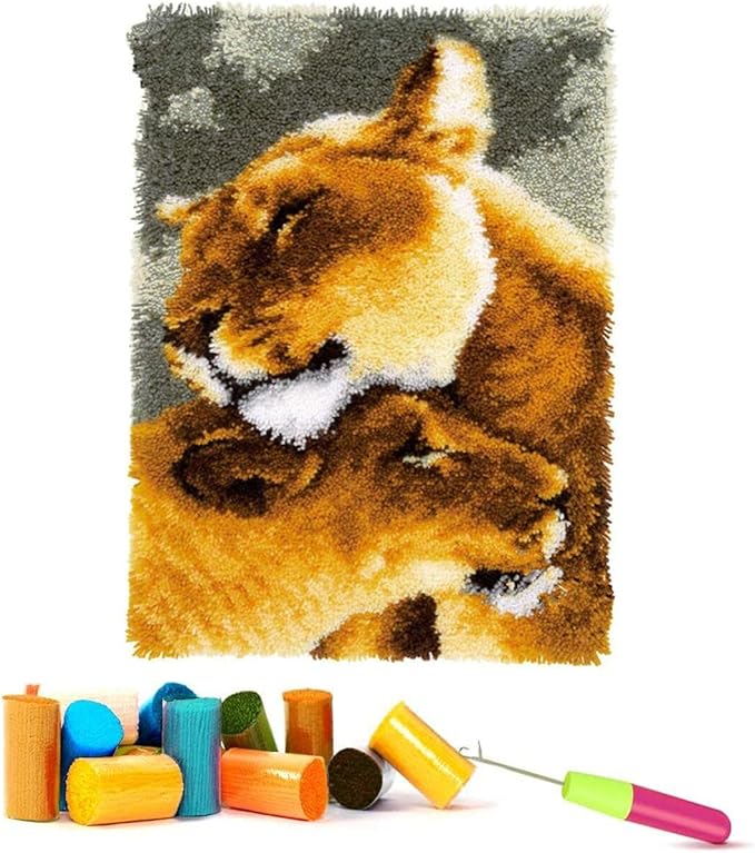 Latch Hook Kits for Adults - DIY Latch Hook Rug Kits, Crochet Kit for Beginners, Rug Making Kits with Printed Canvas, Gift Packaging. Lion Pattern (15x21 Inch)