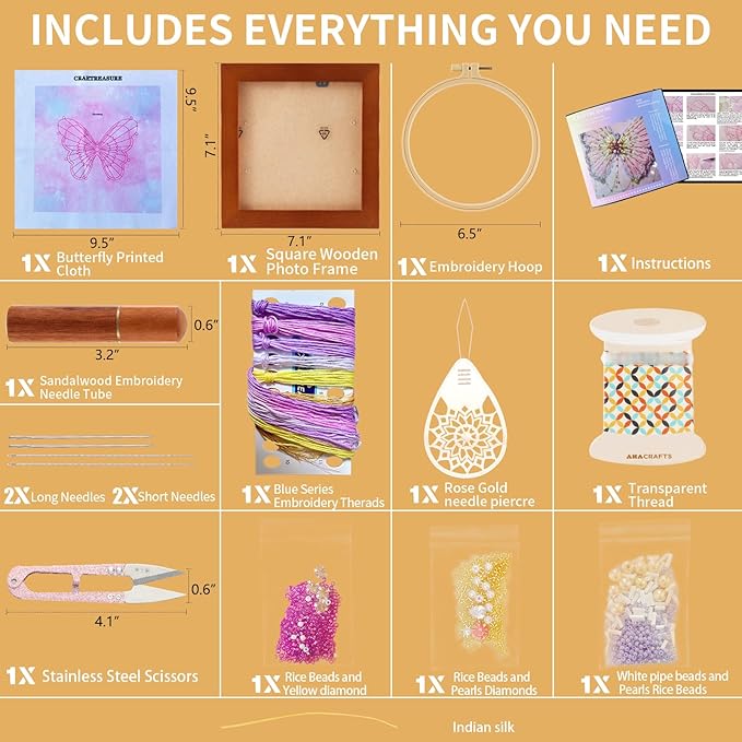 Craftreasure Embroidery Kit for Adults, Butterfly Needle Point Kits Adults Beginner Include Embroidery Beads Threads for Craft Lover Hand Stitch with Embroidery Skill Technique (Purple-Intermediate)