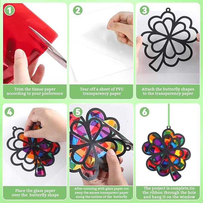 32 Sets St. Patrick's Day Suncatchers Craft Kit for DIY Irish Lucky Shamrock Leprechaun Window Stained Glass Effect Paper Suncatcher Decoration for Home School Classroom Party Activity Gift