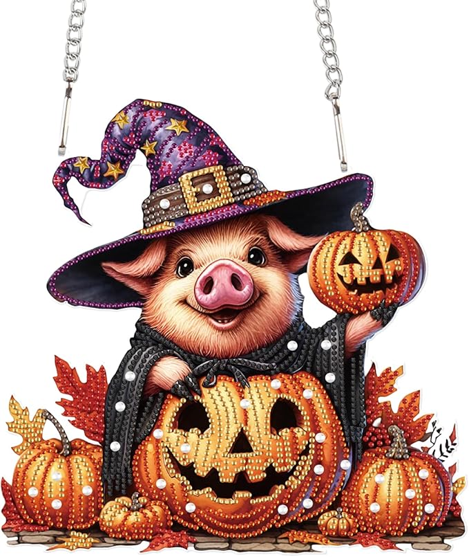Diamond Art Painting Pendant Kits 5D Diamond Painting Art Hanging Kit Halloween Pumpkin Pig DIY Diamond Crystal Window Door Pendant Kit for Adults Gift Wall Home Halloween Decor (24.1x23.4cm)