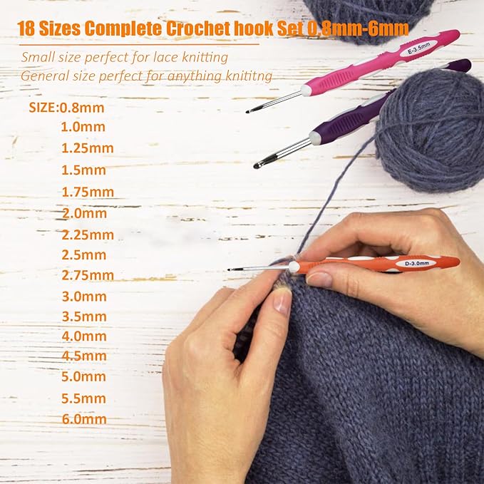 Mdoker 18 Sizes Ergonomic Crochet Hook Set with Case,0.8mm-6mm Crochet Hooks for Arthritic Hands,Crochet Needles for Beginners,Mothers Day Gift,Crochet Lovers