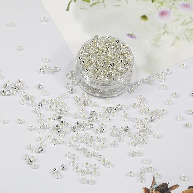 Bala&Fillic Clear Sliver Lined Color Size 3mm Seed Beads About 3600pcs/100Grams in Bag, 8/0 Glass Craft Beads for Making Bracelet and Necklace (Clear Sliver Lined)