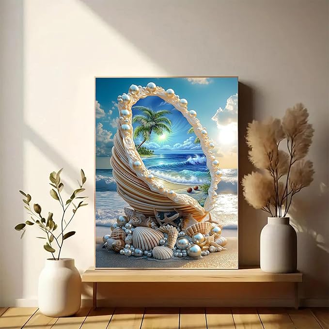 Gemozaic Beach Diamond Painting Kits for Adults, Seaside Shell Diamond Art Kits for Adults, Beach Gem Painting Kit for Gift Home Wall Decor, 12x16 Inch
