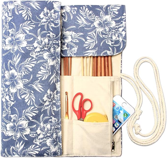 Teamoy Knitting Needles Holder Case(up to 14 Inches), Rolling Organizer for Straight and Circular Knitting Needles, Crochet Hooks and Accessories, Blue Flowers - NO Accessories Included