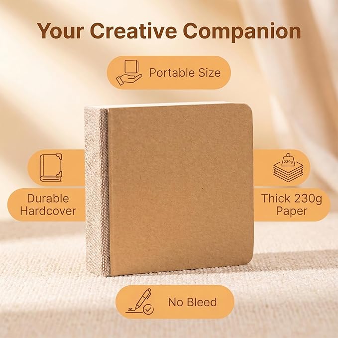 Hibmisy 2 Pack Sketchbook, 140LB/230GSM Drawing Paper, 58 Sheets Each, Sketch Book for Alcohol Markers, Watercolor, Acrylic Paint, Drawing & Quick Notes (Brown, 3"x3")
