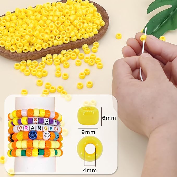 MIIIM 1200PCS 6x9mm Yellow Pony Beads Bulk, Kandi Beads for Bracelets Making Kit, Hair Braids Crafts for Jewelry Making (Bright Yellow)