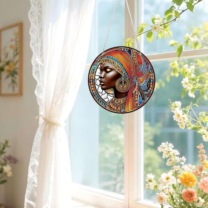 Lxmsja DIY African Queen Diamond Painting Hanging Ornament, Double-Sided Acrylic Stained Glass Diamond Art Kit, Special Shaped Suncatcher Hanging Pendant Window Art Kit