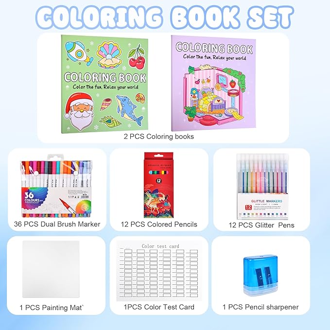 yqwuco coloring book set for adults,cute coloring book for adults relaxation with 60 colored markers, anxiety relief gifts with 80 patterns included animal spaces