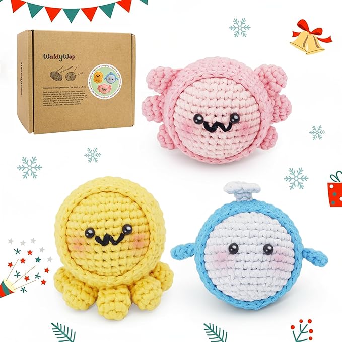 WaldyWop Crochet Kit for Beginners: 3PCS Crochet Animal Kit w/Stress Balls, Step-by-Step Video Tutorials - Wobbles DIY Craft Knitting Kit for Adults - Gifts for Teen Women (Dolphin, Octopus, Axolotl)