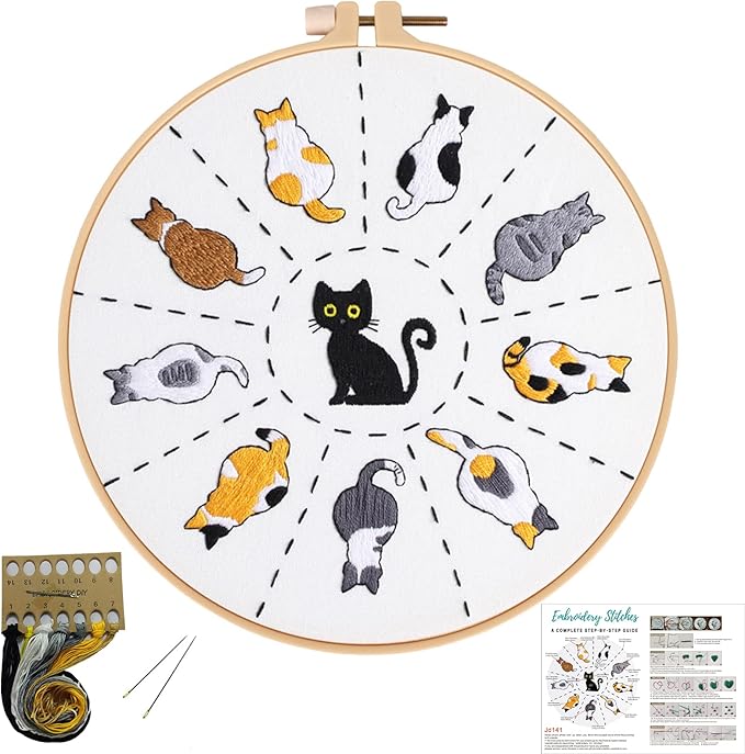 Louise Maelys Cats Beginners Embroidery Kits,Cross Stitch Starter Kit for Adults with Cloth Hoop Needles Instruction and Threads