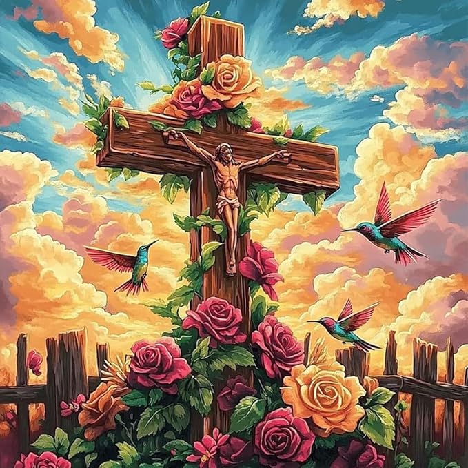 Paint by Numbers Kit for Adults Beginner Religious Cross, Flower Adult Paint by Number Kits on Canvas, Jesus DIY Acrylic Oil Painting by Numbers for Adults, Perfect for Home Wall Decor 16X16 Inch
