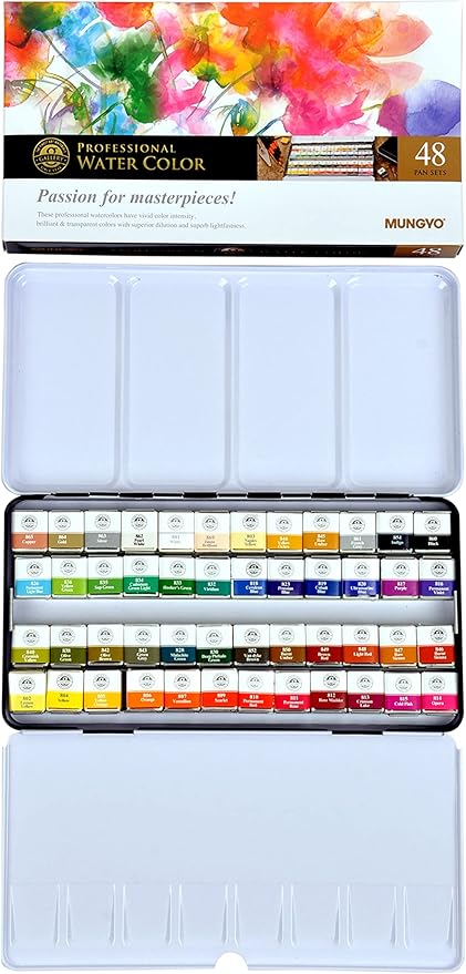 Mungyo Professional Half Pan Size Water Colors Set in Tin Case/Integral Mixing Palette in The lid (48 Colors)