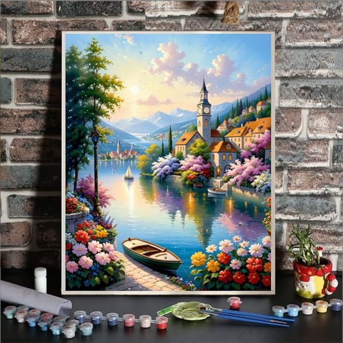 Paint by Numbers Kit for Adults Beginner,Scenery Paint by Numbers, Coastal Town DIY Oil Painting, Adult Paint by Number Kits on Canvas, Without Frame Paint by Number on Canvas for Gift Home Wall Decor