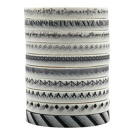 5mm Wide Slim Washi Tapes Set,10 Rolls Minimalist Black White Style Japanese Masking Decorative Tapes for Bullet Journal Planners DIY Decor Crafts Arts Scrapbooking Adhesive