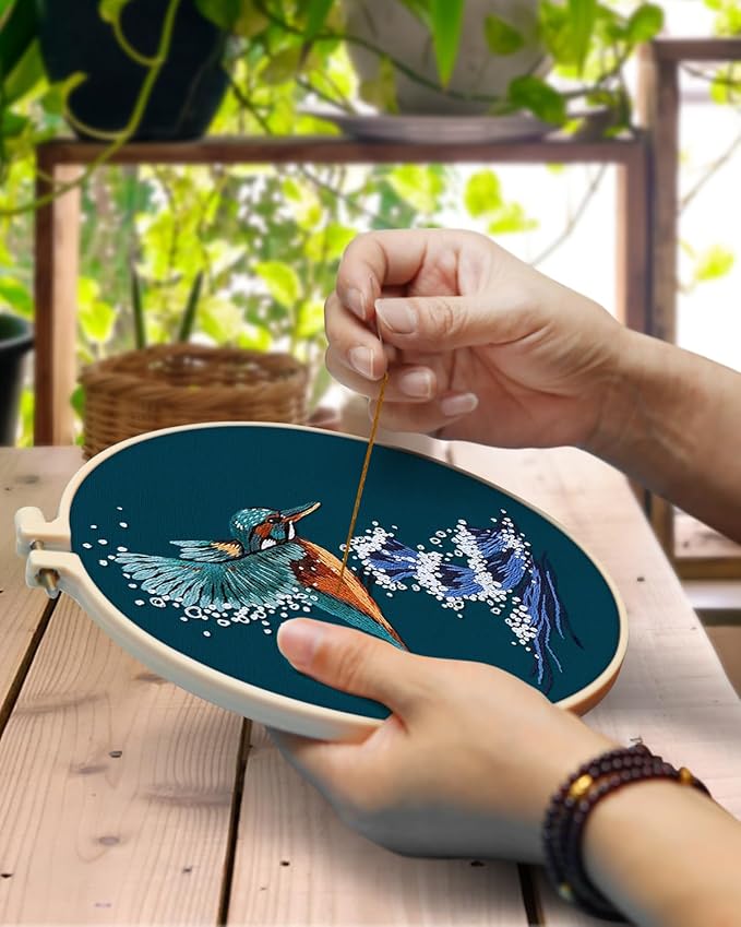 TINDTOP Embroidery Kit for Beginners Adult, Kingfisher Embroidery Kit for Beginners Include Embroidery Cloth Hoops Threads for Craft Lover Hand Stitch with Embroidery Skill Techniques