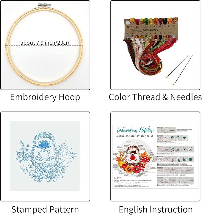 Louise Maelys Animal Embroidery Kits for Beginners with Autumn Hedgehog Pattern,Adults Starter Cross Stitch Kit DIY Needlepoint
