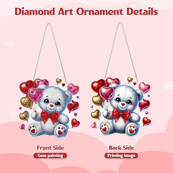 GHHKUD Bear Diamond Art Hanging Kit for Adults, DIY Double Sided Diamond Painting Hanging Valentines Kits Adults, Special Shaped Acrylic Ornaments Pendants for Window Home Garden Wall