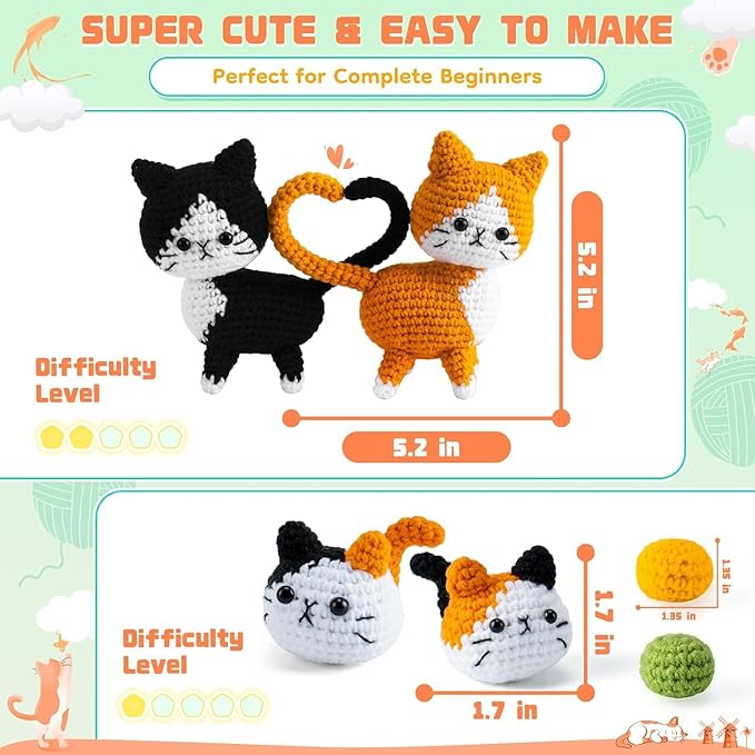 Valentine's Day Gift Cat Crochet Kit for Beginners-Crochet Kits 4PCS Cats Family Crochet Animals Kits with Step-by-Step Video Tutorials, Crochet Starter Kit Learn to Crochet Kits for Adults