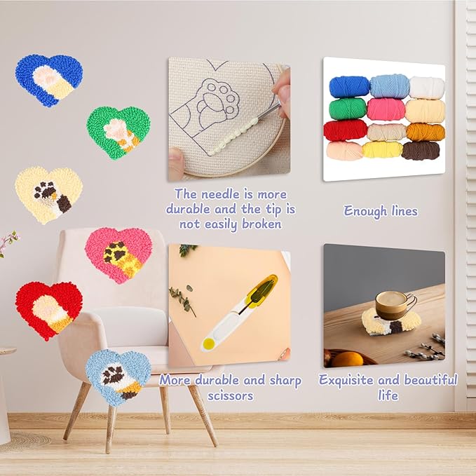 AIRDEA Punch Needle Drink Coasters Kit,Casual Punch Needle Embroidery Complete Kits for Beginner 3.29x3.29 Inches,Included All Accessories,DIY Car Coasters (Box-red Blue Beige)