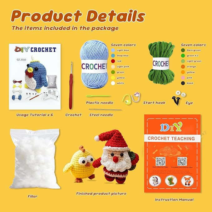 livikey 6pcs crochet kit for beginners - complete crochet set for adults & kids - woobles-style animal crochet kit with soft yarn and step-by-step video tutorials