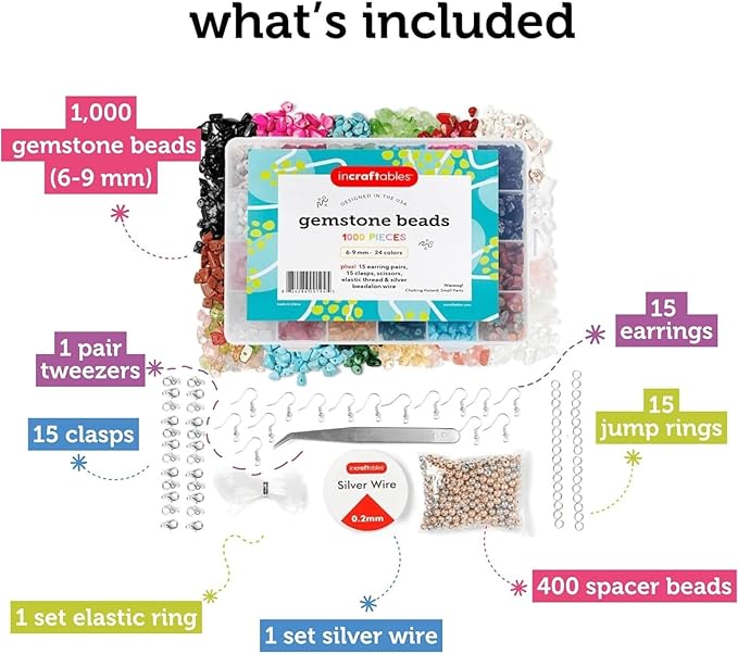 Incraftables 1000 Crystal Chip Beads for Jewelry Making – 24 Color Assorted Gemstone Chips (6–9mm) – Natural Stone Beads with Elastic Thread, Wire, Clasps, Jump Rings, Earring Hooks & Organizer
