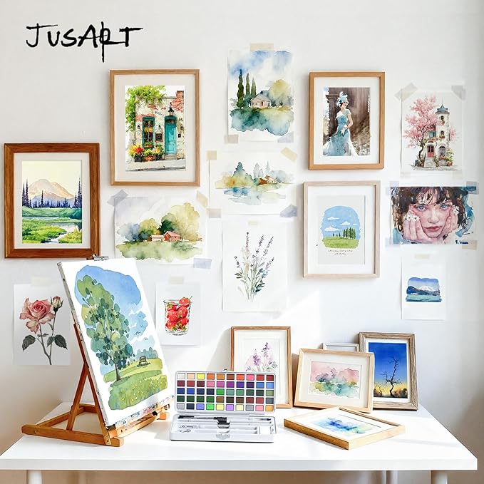 jusart 50 colors watercolor paint set,art supplies with metallic color, detail painting brushes, water brush pens, portable travel watercolor painting kit for artists, professionals