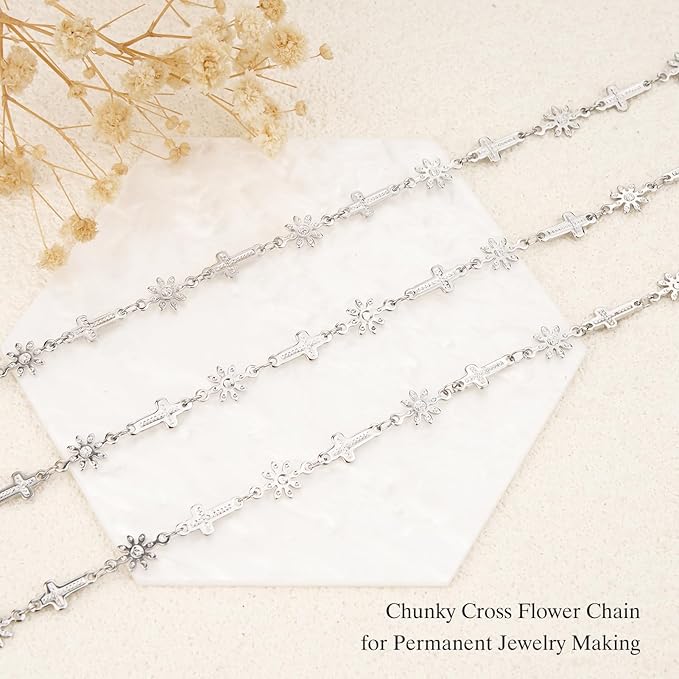 GTVOODX Stainless Steel Chain Bulk 4 Meters Thick Chunky Cross Flower Link Chain Roll for Permanent Jewelry Making Necklace Bracelet DIY