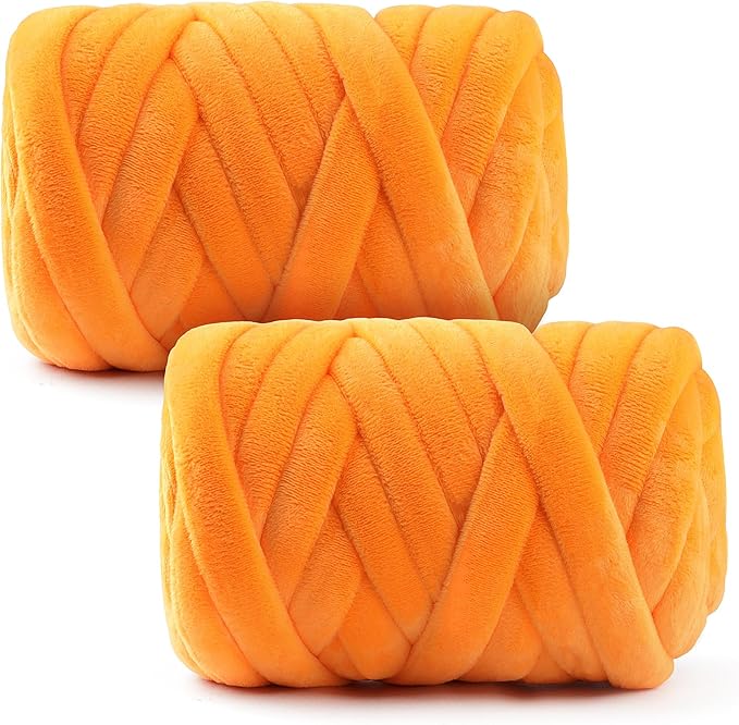 Chunky Yarn for Hand Knitting & Arm Knitting - 2-Pack Value Bundle (1.32lb Total) of Super Bulky Velvet Chenille Tube Yarn for Larger DIY Projects | No-Tool, Machine Washable, Orange