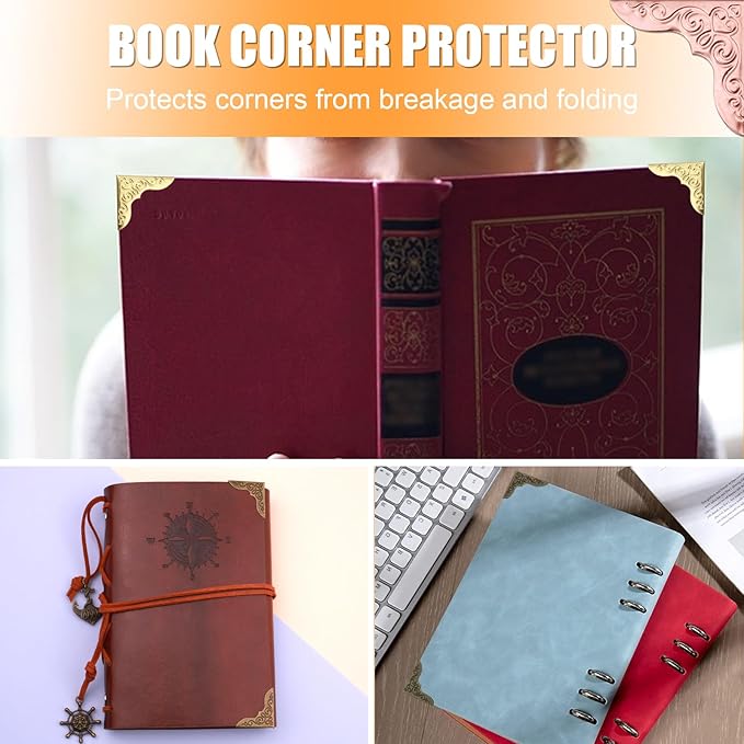 Olldag 100 PCS Metal Book Corners, Vintage Book Corner Protectors, Iron Corner Guard Edge Decorative for Scrapbook Photo Album Diary Cover Menus Folder (Antique Bronze+Silver+Gold+Rose Gold)