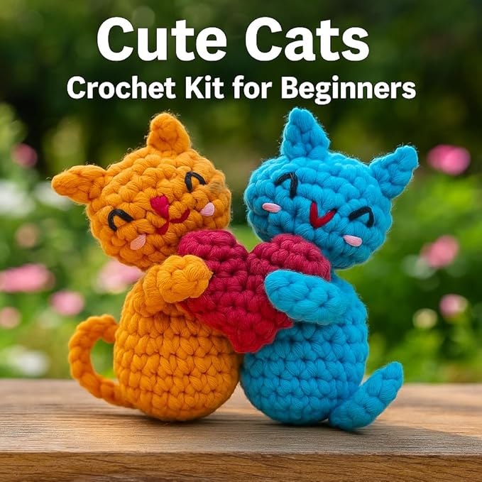 Love Heart Cat Crochet Kit for Beginners, Learn to Crochet Animal Starter Set with Video Tutorial & Crocheting Manual, Easy Yarn Knitting Kit for Adult & Kid 12+, Stuffed Kitten Doll Xmas Gift Idea