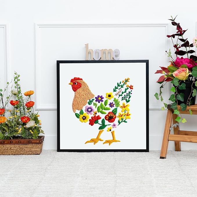 Louise Maelys Funny Animal Embroidery Kits for Beginners,Cross Stitch Kit for Adults,DIY Needlepoint with Hens and Flower Pattern