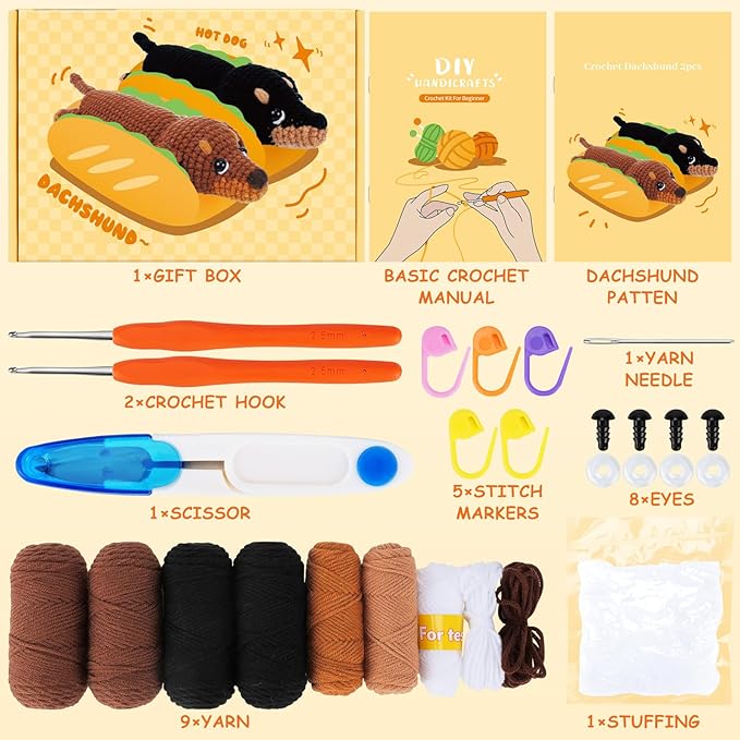crochet kit for beginners - 2 pcs dachshund crochet kits with step-by-step video tutorials, beginner crochet kit for adults, crochet animal kit, dog craft knitting kit crochet gifts valentine's day