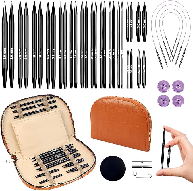 Yarniss 15 Pairs Circular Knitting Needle Combo, 4.5-Inch Round Knitting Needle 3.0~8.0mm, 2.16-Inch Shorties Needles US Size 2.5-10, Interchangeable Aluminum Cable Needles with Case