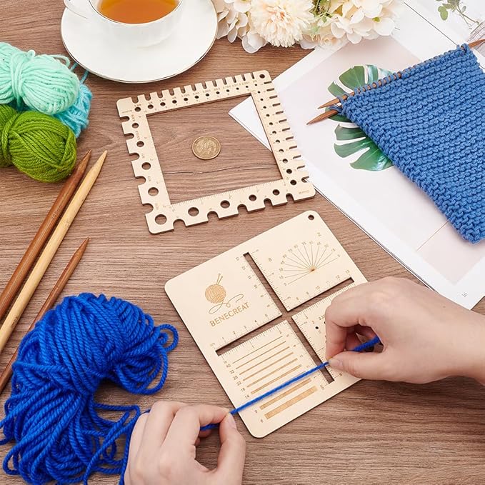 BENECREAT 2Pcs Wooden Swatch Gauge, Knitting Needle Gauge Rulers, Multifunction Knitting Tool for Counting Stitches, Spinners Yarn Measuring Crochet Accessories