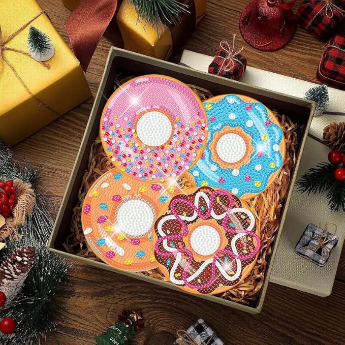 igoodom 8 Pcs Diamond Art Coasters Kit with Holder, DIY Donuts Diamond Painting Coasters for Beginners Adults, Non Slip Diamond Art Kits Craft Supplies 4x4inch