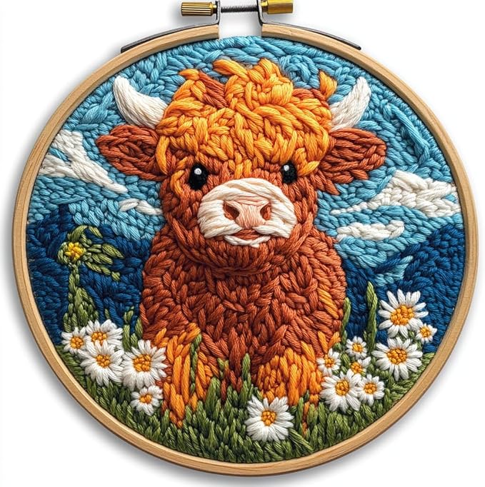 DIY Punch Needle Kits Cute Brown Highland Cow with Daisy Flower Easy for Beginners Punch Needle Yarn Starter Embroidery Set for Craft Lovers with Hoop for Home Decor 20x20cm(4)