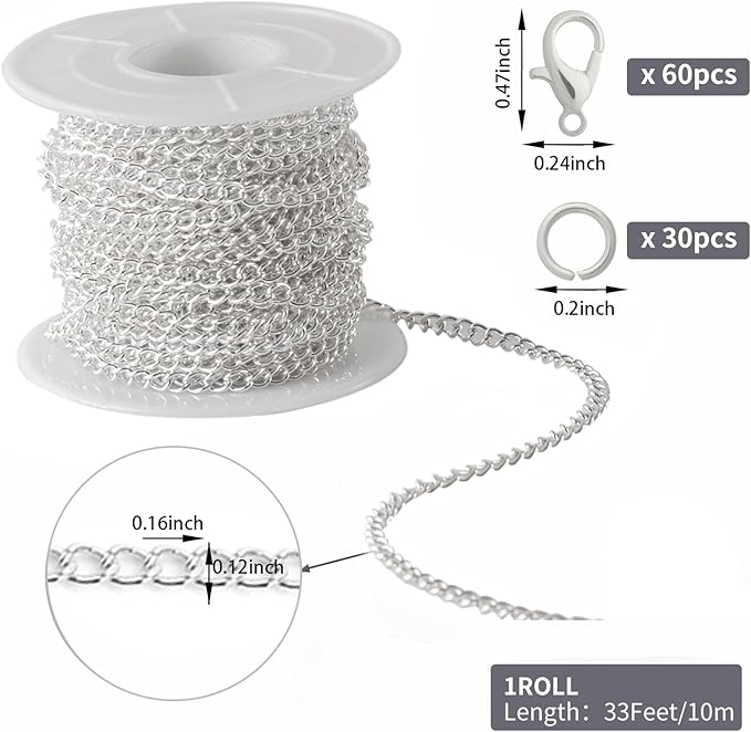 Lemonkey 33 Feet Metal Silver Necklace Chains Curb Links Chains Bulk for Jewelry Making DIY Craft Kit with Lobster Clasps Jump Rings