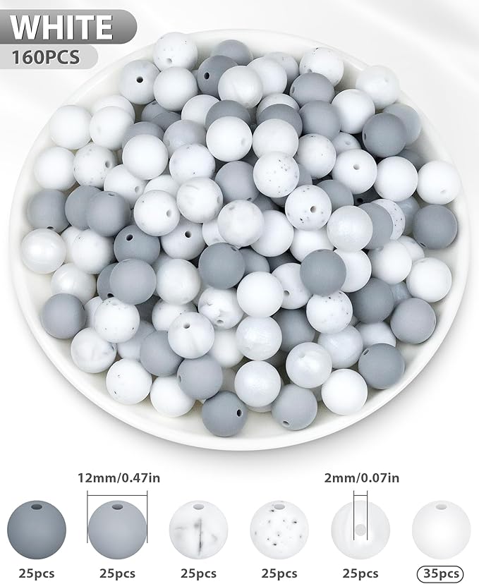 160pcs fiveizero 12mm silicone beads for keychain making, white mixed 6 colors round silicone beads bulk for pens, rubber bead for bracelets and diy crafts
