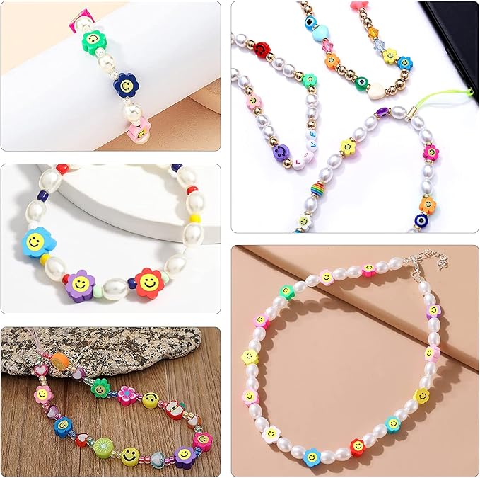200 PCS Colorful Sun Flowers Beads 10mm Mixed Polymer Clay Smiley Face Beads for DIY Bracelet Necklace Earrings