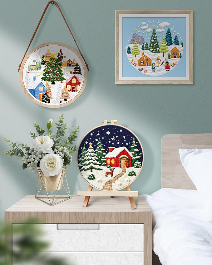 TINDTOP Christmas Embroidery Kit for Adult, 3 Pack Embroidery DIY Starter Kit, with Stamped Patterns, Hoop, Tools, Colorful Threads with Needles, Instructions