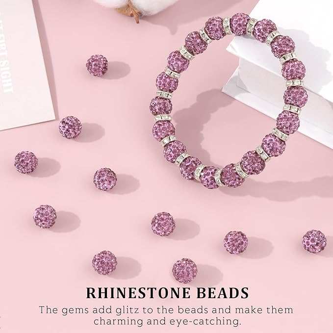 70pcs 10mm rhinestone beads for jewelry making, light purple shiny round shamballa disco ball beads, sparkle crystal clay christmas for bracelet baseball necklace earring crafting and diy