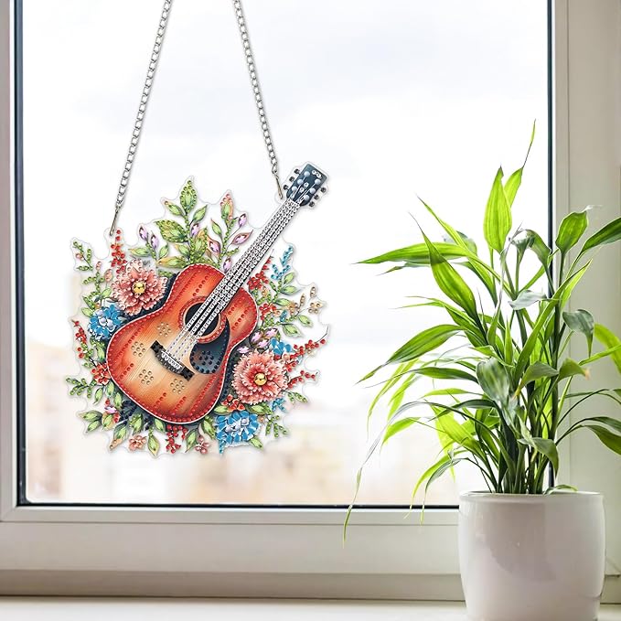 NAIMOER Diamond Art Hanging Kits for Adults Guitar Flowers 5D Special Shaped Rhinestone, DIY Acrylic Diamond Art Painting Window Pendants Home Garden Wall Hanging Ornament Kits, Double Sided