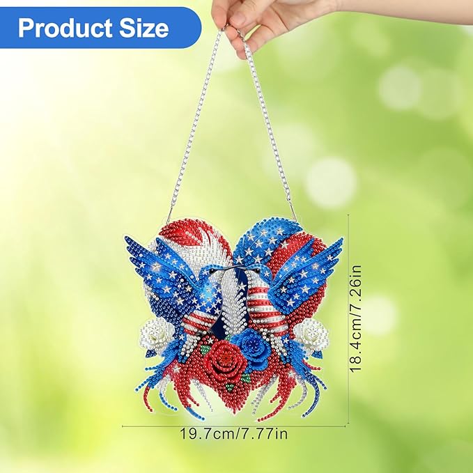 CEOVR 4th of July Hanging Diamond Art for Adults, Independence Day Hummingbird Diamond Painting Pendant DIY Gem Art Wall Hanging Ornament, Acrylic Home Garden Decor with Chain, Box Kit 7.77×7.26inch