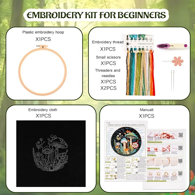 Mushroom Embroidery Kit for Beginners Adults, Stamped Hand Embroidery Kit, Embroidery Starter Kit with Floral and Mushroom Design, Cross Stitch Kits with Printed Embroidery Cloth and Embroidery Tools