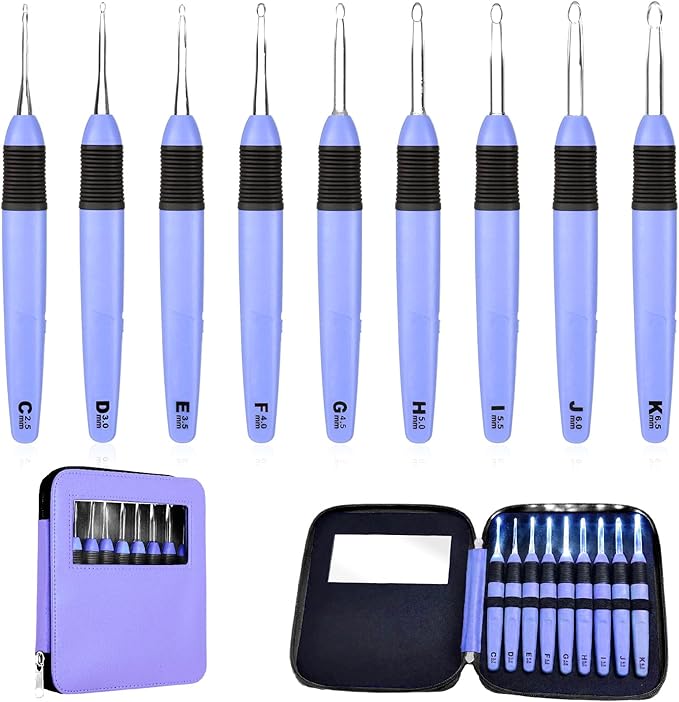 Chuangdi 9 Pieces Lighted Crochet Hooks with Case 9 Size LED Light Crochet Hooks Set Knitting Needles Craft Yarn Weaving Needles Comfortable Smooth Handle for Knitting, 2.5 mm-6.5 mm(Purple)